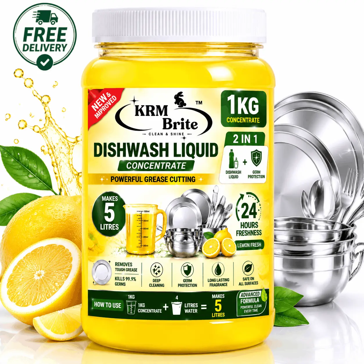 Dishwash Liquid concentrate 1kg Makes 5 Litres ( Lemon Fragrance)